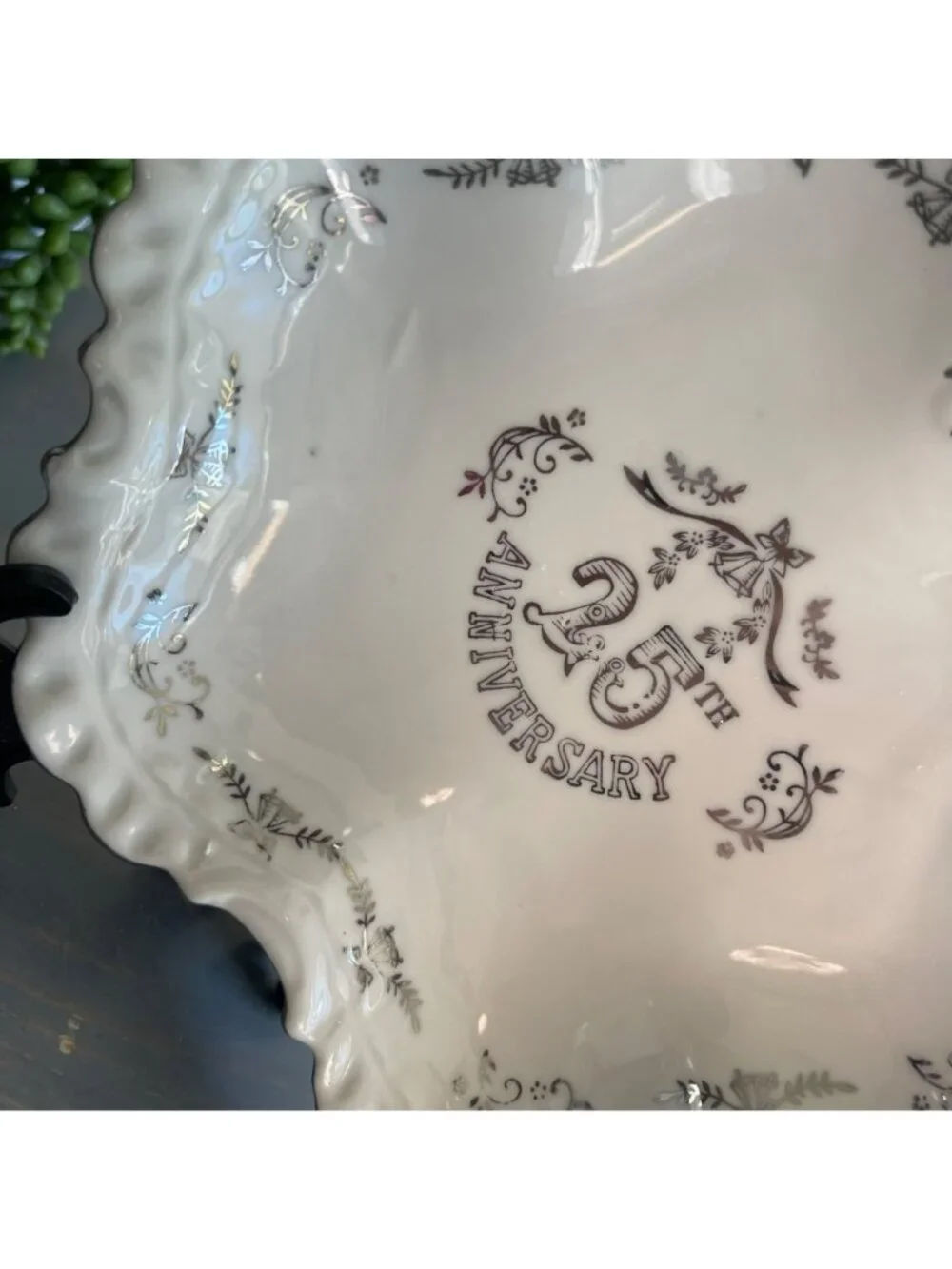 Vintage 25th Anniversary Decorative Porcelain China Bowl Hand Painted Silver